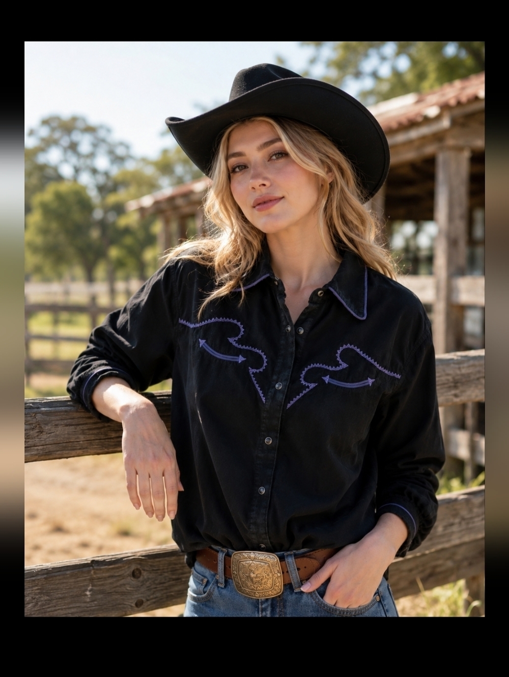 Vintage Wrangler Rodeo Western Shirt Snap Button with Purple Embroidery